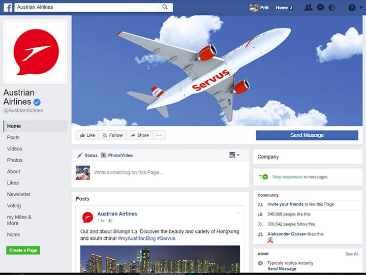 austrian airlines facebook page