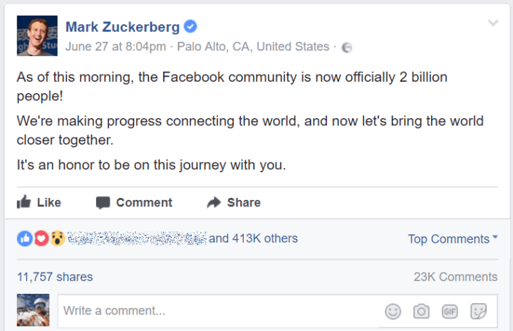 Zuckerberg post 2 billion Facebook monthly active users