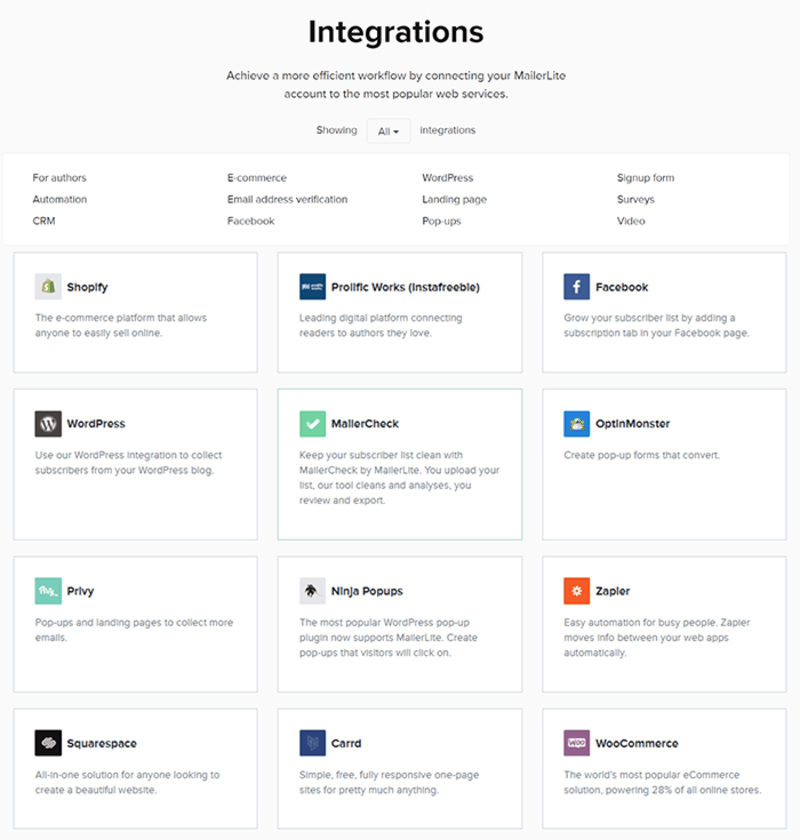 One page of MailerLite’s integration options