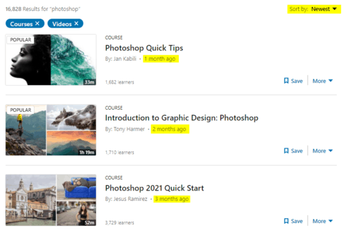 Snapshot of all “Photoshop” courses and videos