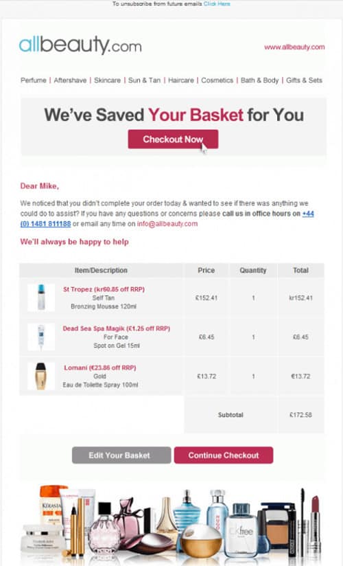 Abandoned Cart Email from Allbeauty