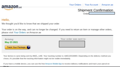 An email drip campaign from Amazon to update customer about the order