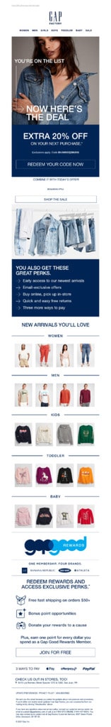 GAP uses welcome email to rewards subscriber for signing up with an extra 20% off on their first purchase