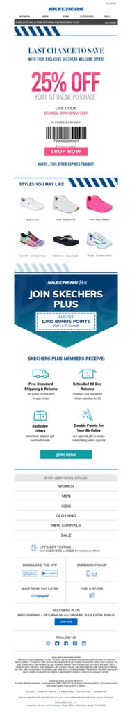 Re-engagement email from Sketchers to inform the discount would expire soon, creating a sense of urgency