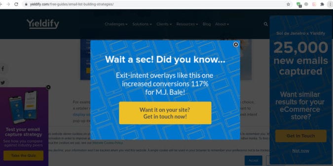 Yieldify uses exit intent pop up to build email lists