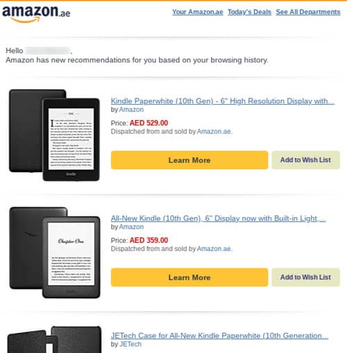 An example of Amazon's email to suggest relevant products