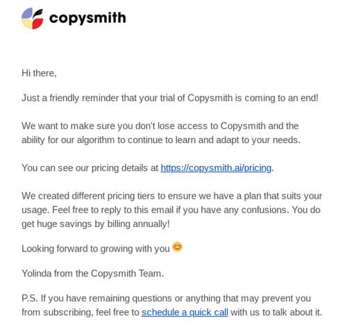 An example of Copysmith's email based on subscriber’s position In the sales funnel