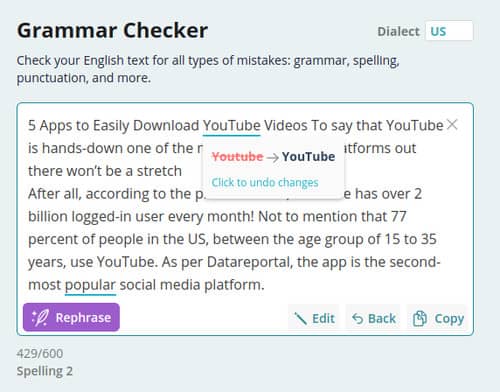 An example of Ginger's Grammar Checker in which has no suggested words to replace