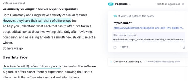 An example of Grammarly's Plagiarism Checking