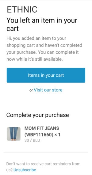 An example of cart abandonment email