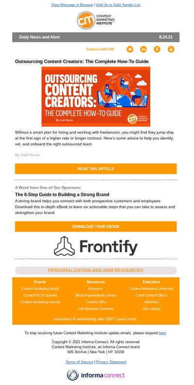 An example of email newsletters from Content Marketing Institute