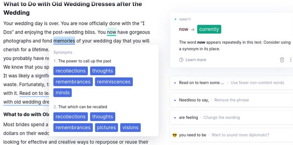 An example of how Grammarly highlights repeated words