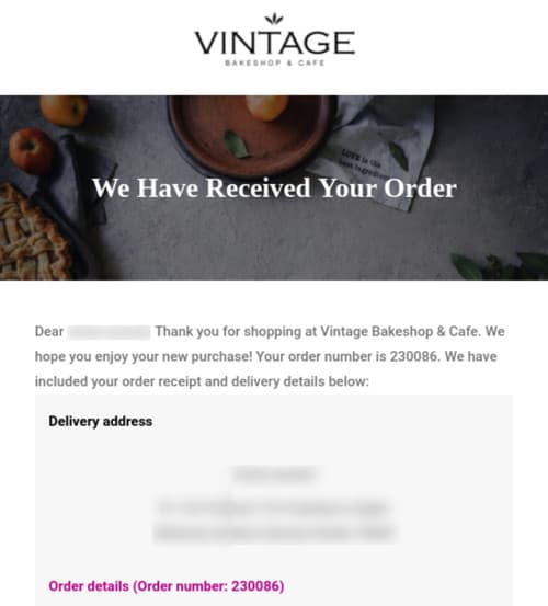 An example of transactional email from Vintage Bakeshop and cafe