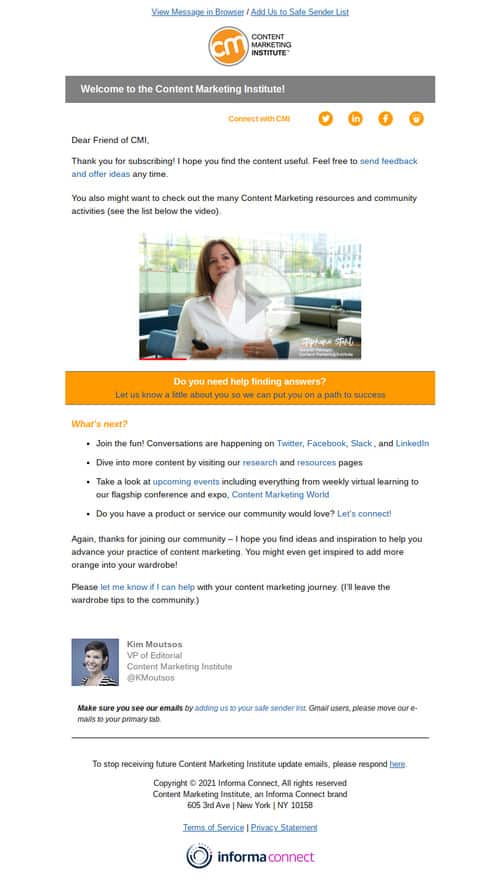 An example of welcome email from Content Marketing Institute