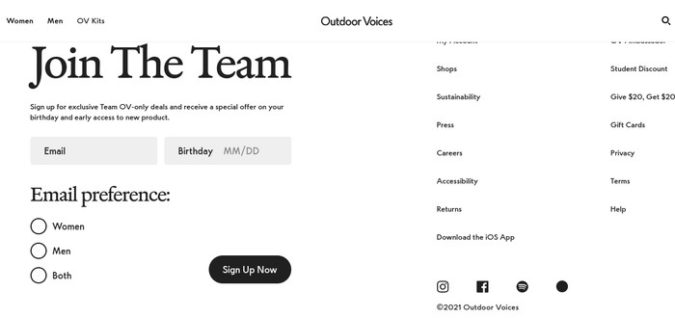 Outdoor Voices adds a simple subscription form at the bottom of their homepage to improve email segmentation efforts