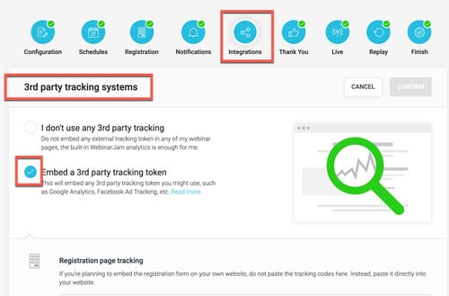 WebinarJam integrates with third party tracking tools like Google Analytics and Facebook Tracking Ads