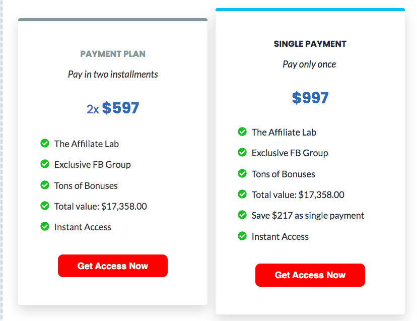The Affiliate Lab Pricing example one