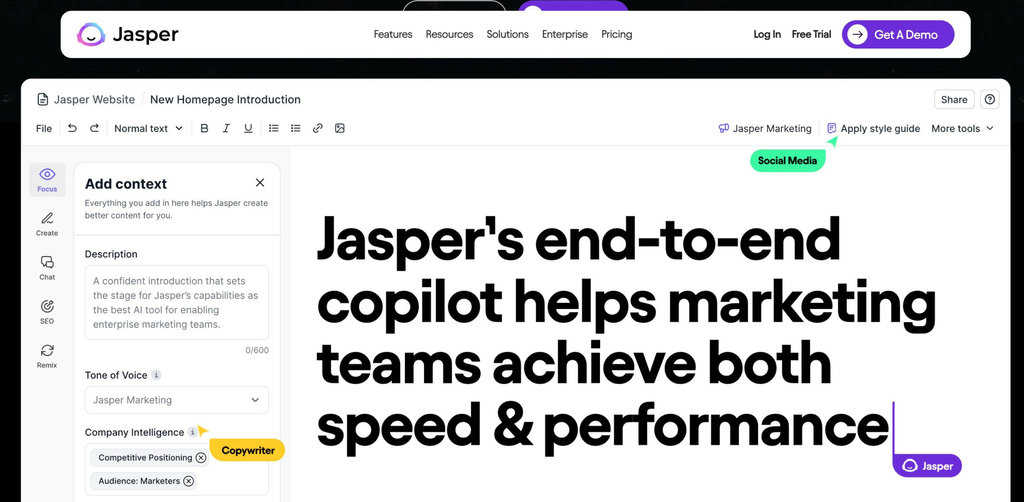 The Jasper homepage - end to end copilot